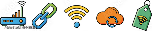 wireless network and connectivity icons set, wifi router cloud link tag vector illustration, internet technology symbol collection