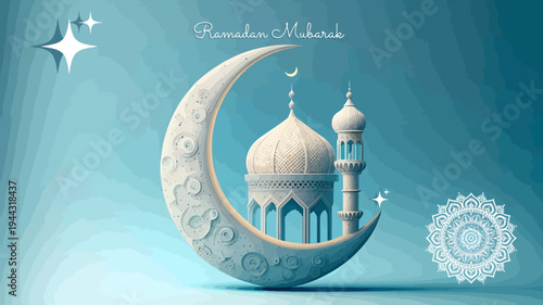 Eid Mubarak greeting card with mosque silhouette and cultural landmark style vector illustration