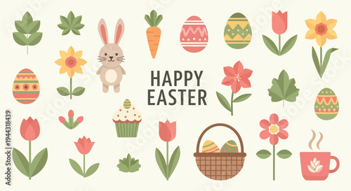Happy Easter Flat Design Elements: Bunny, Eggs, Flowers, Basket, Cupcake, Carrot