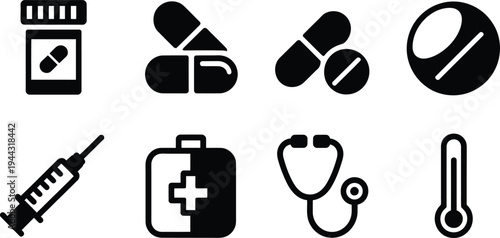 Medicine icons: pills, capsules, syringe, stethoscope, and thermometer, pill bottle, first aid