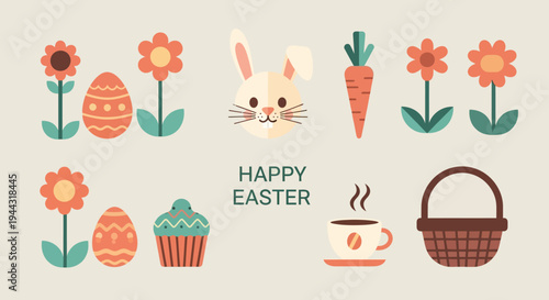 Happy Easter flat design elements: bunny, eggs, flowers, carrot, cupcake, coffee, basket