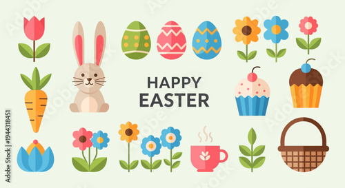 Happy Easter flat design elements: bunny, eggs, flowers, cupcake, carrot, basket, coffee cup