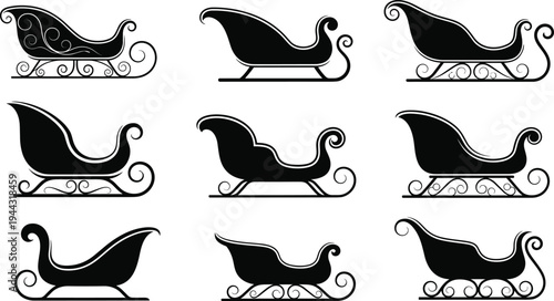 Collection of Christmas sleigh silhouettes with elegant swirl designs for winter holiday and festive season illustrations