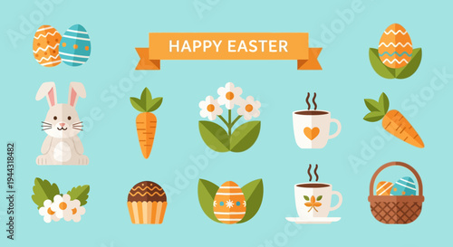Happy Easter flat design icons: bunny, eggs, carrots, flowers, cupcakes, coffee, basket