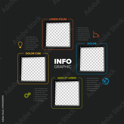Professional infographic template featuring four square placeholders on a dark background. This versatile infographic layout includes icons and text areas for business data.