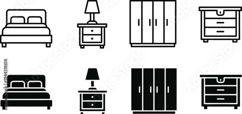 Editable outline icons of furniture pieces in a modern home collection of bedroom and storage solutions