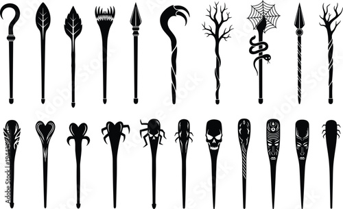 Collection of magic staff and fantasy wand silhouettes for RPG game design and mystical illustrations