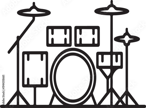 Drum set outline icon representing music instrument concept, band performance equipment symbol, percussion kit for concert stage and musical entertainment