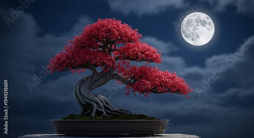 Red bonsai tree illuminated moon