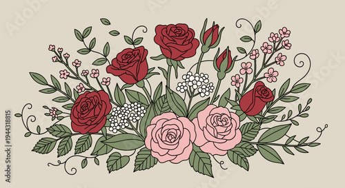 A vibrant floral arrangement featuring red and pink roses, complemented by delicate leaves and smaller blossoms in a modern style