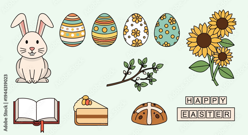 Obraz premium Easter Bunny, Decorated Eggs, Sunflowers, Cake, Book, and Cross Bun on Light Green Background