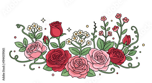 A vibrant floral arrangement featuring roses and blossoms in a modern, hand-drawn style, perfect for decorative purposes
