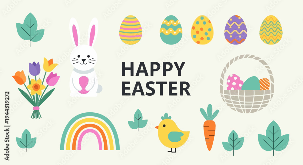 Fototapeta premium Happy Easter Bunny, Chick, Eggs, Flowers, Rainbow, Basket - Festive Spring Holiday Illustration