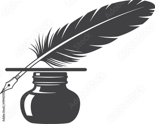 An antique black quill feather pen rests beside a vintage inkwell bottle in this elegant vector illustration of a plume used for classical literature and calligraphy art