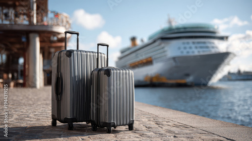 Compact travel suitcases ready for adventure near a cruise ship by the water in a busy port during daylight
