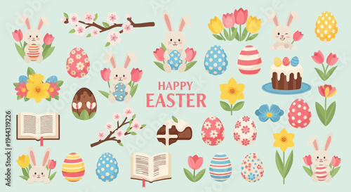 Happy Easter Bunny Eggs Tulips Flowers Spring Holiday Celebration Vector Illustration