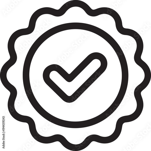 Quality badge with check mark outline icon representing verified approval, certified product symbol, guarantee label, quality assurance stamp and trusted service concept