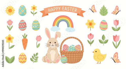 Happy Easter bunny, chick, eggs, flowers, rainbow, carrot, butterflies, basket