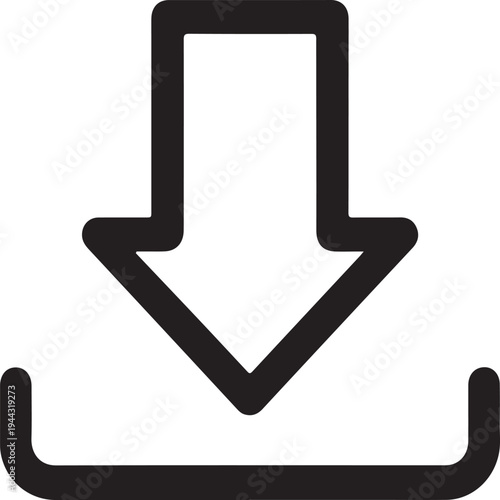 Download arrow outline icon representing file download concept, data transfer symbol, cloud storage retrieval, software installation and digital content saving