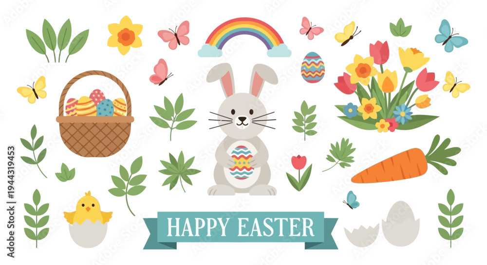 Fototapeta premium Happy Easter Bunny, Eggs, Flowers, Carrot, Rainbow, Butterflies - Festive Spring Holiday Illustration