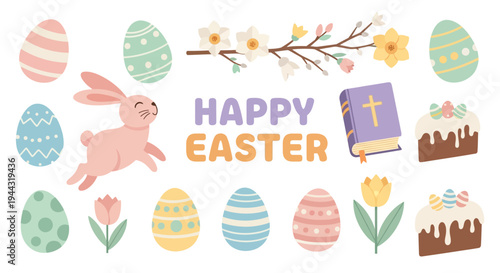 Happy Easter Bunny, Eggs, Flowers, and Cake - Festive Spring Holiday Illustration