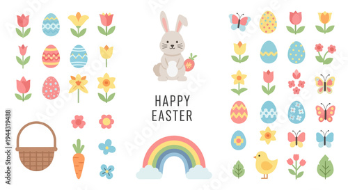 Happy Easter Bunny, Eggs, Tulips, Rainbow, Butterflies, Chick, Basket, Carrot Clipart