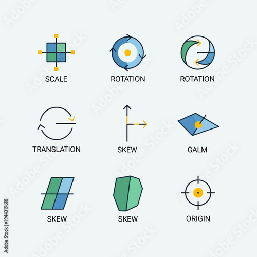 Geometric shapes and transformation icons.