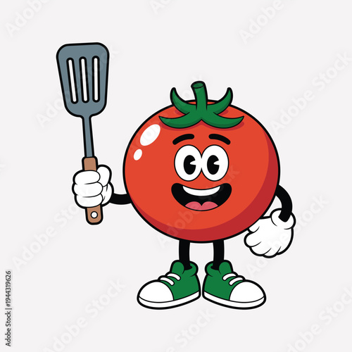 Smiling cartoon tomato character holding spatula vector illustration isolated on white background