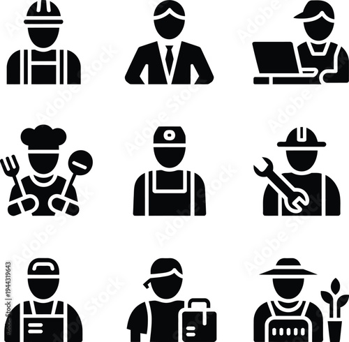 Diverse profession icons: worker, businessman, chef, farmer, and pilot, icon set