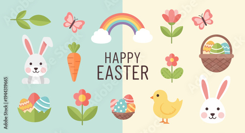 Happy Easter Cute Bunny, Chick, Rainbow, Eggs, Carrot, Flowers, Butterflies