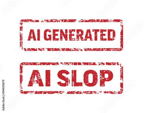 Grungy red AI generated and AI slop rubber stamps on a white background. This AI generated and AI slop signage set uses a weathered texture to indicate artificial intelligence content.