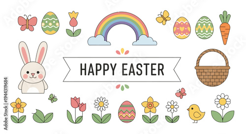 Happy Easter Cute Bunny, Eggs, Flowers, Rainbow, Chick, Carrot, Butterfly, Basket