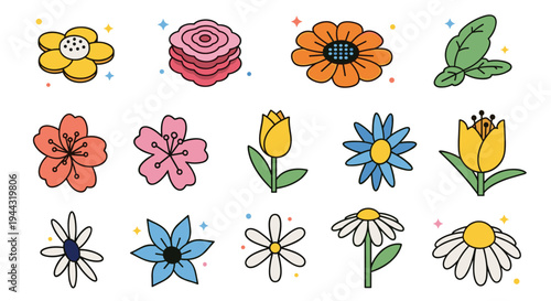 A colorful collection of hand-drawn flowers and floral elements in a playful, modern style, perfect for various design projects