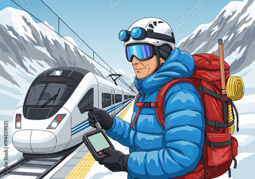 Vibrant vector illustration captures a winter adventurer preparing for a mountain journey, waiting on a train platform amidst snowy peaks