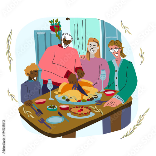 A flat-style vector illustration featuring Thanksgiving. People enjoying a Thanksgiving meal.