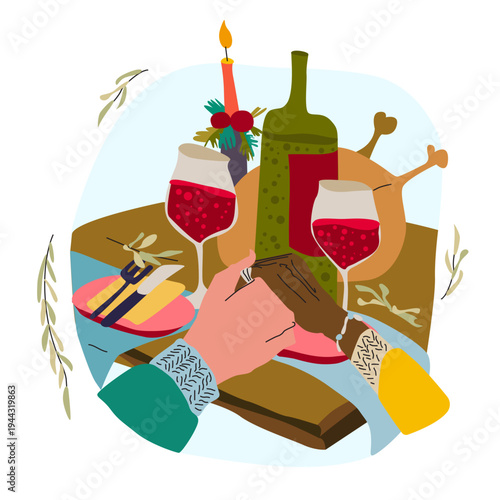 A flat-style vector illustration featuring Thanksgiving. People enjoying a Thanksgiving meal.