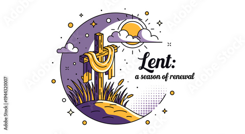 A vibrant illustration featuring a cross and nature elements, in a modern, colorful style, symbolizing Lent and renewal