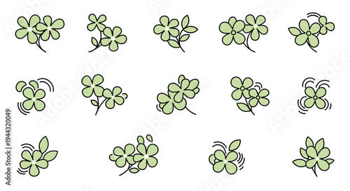 A collection of green clover illustrations in a minimalist style, perfect for nature-themed designs