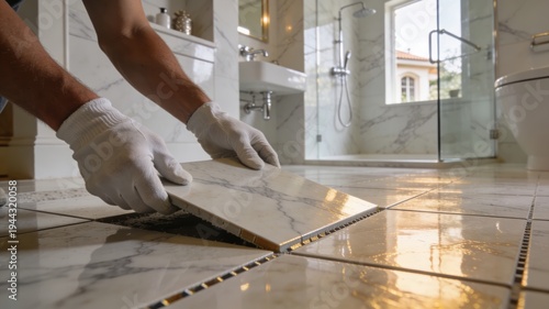 Experienced professional worker in protective gloves meticulously installing stylish ceramic or porcelain tiles onto a pristine bathroom floor, enhancing home aesthetics with precise craftsmanship