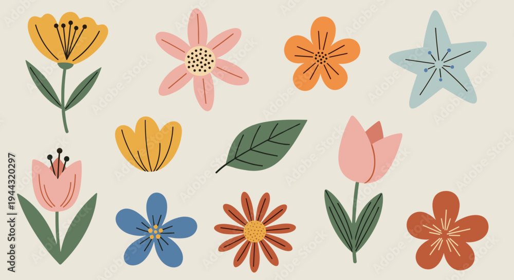 Obraz premium A vibrant collection of floral illustrations featuring various flowers and leaves in a modern, flat style