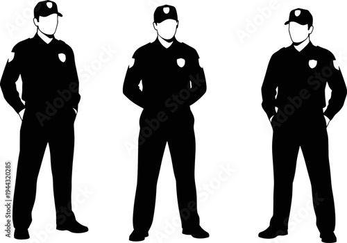 Black, silhouettes, of, professional, male, security, officers, or, police, in, uniform, and, caps, standing, in, various, poses, flat, vector, illustration