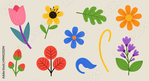 A vibrant collection of illustrated flowers and leaves in a flat design style, perfect for nature-themed projects