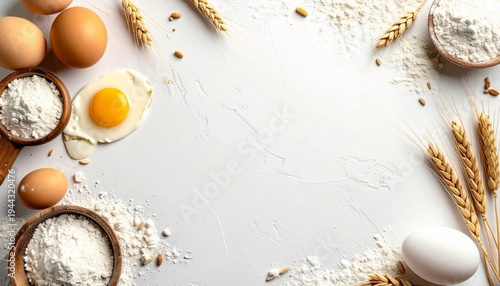 Fresh baking ingredients artfully frame a clean white copy space, perfect for culinary recipes and food-related designs