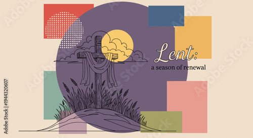 A modern illustration depicting a cross with a sunset backdrop, featuring geometric shapes and a pastel color palette, ideal for Lent themes