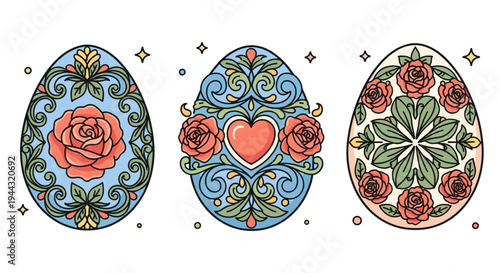 A colorful collection of decorated Easter eggs featuring floral designs and heart motifs in a modern, flat style