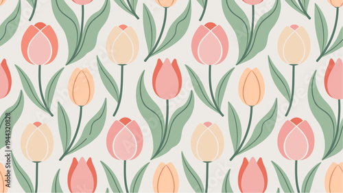 Pastel tulips with green leaves in seamless floral pattern for textile and digital applications