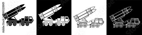 Showcasing missile launcher vehicle truck design in a horizontal row of four graphic illustrations with contrasting black and white backgrounds, front‑view perspective