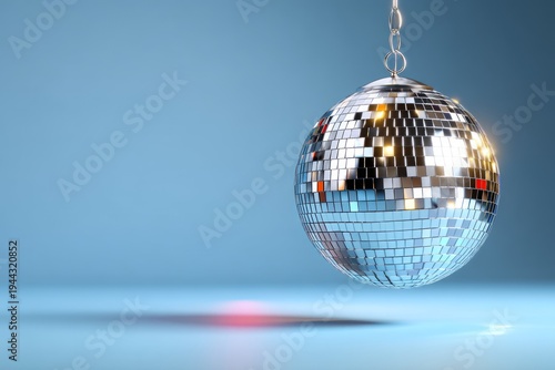 Retro 1960s Disco Ball Suspended with Chrome Finish in Themed Studio Setup Against Blue Background
