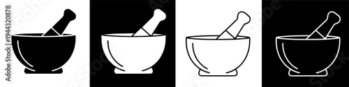 Horizontal row of four mortar and pestle icon showing solid and outline variation on contrasting backgrounds, viewed from a front perspective