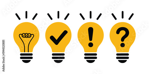 Yellow light bulbs with different symbols vector illustration isolated on white background